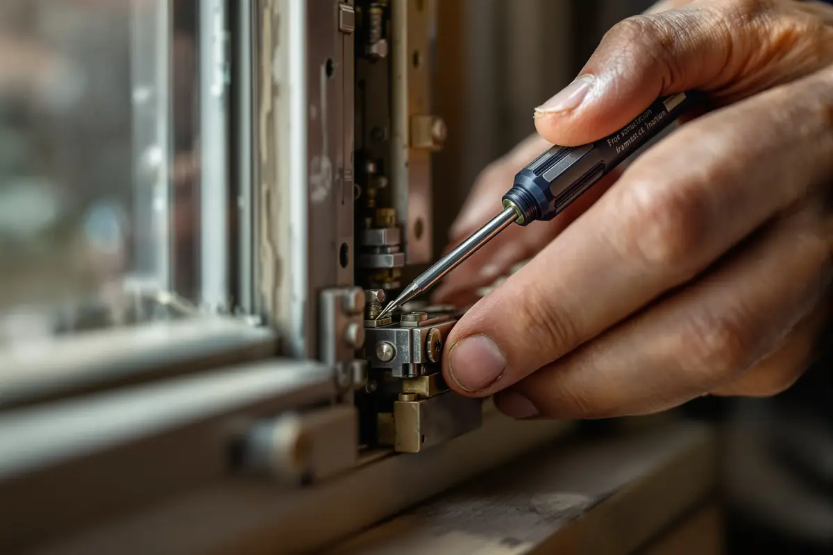 Gros plan : artisan réparant un mécanisme de fenêtre avec précision